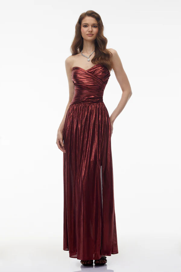 Metallic Pleated Strapless Sweetheart Floor Length Evening Dress with Front Slit