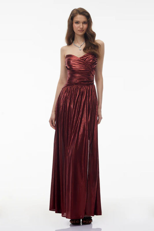 Metallic Pleated Strapless Sweetheart Floor Length Evening Dress with Front Slit