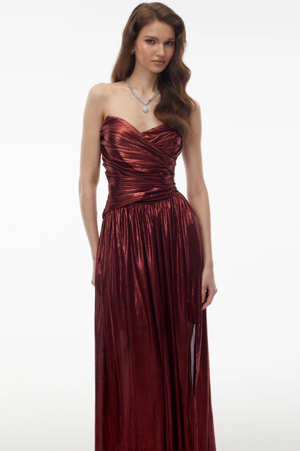 Metallic Pleated Strapless Sweetheart Floor Length Evening Dress with Front Slit