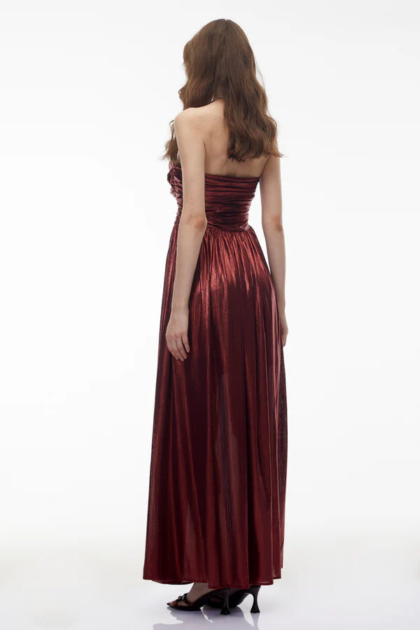 Metallic Pleated Strapless Sweetheart Floor Length Evening Dress with Front Slit