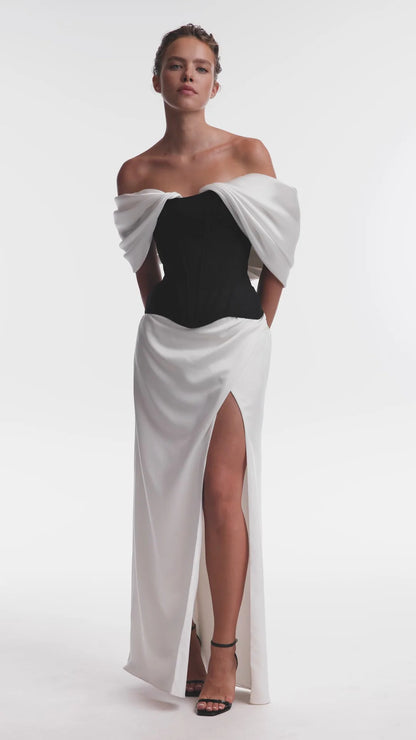 Evening Dress with Off-Shoulder Neckline, Structured Corset Bodice and High Side Slit