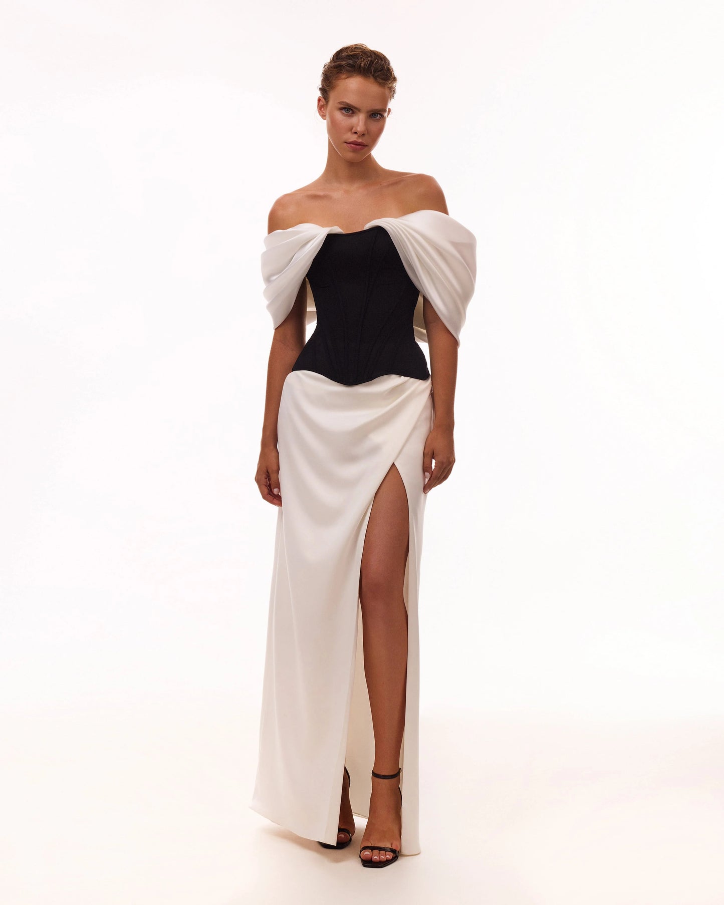 Evening Dress with Off-Shoulder Neckline, Structured Corset Bodice and High Side Slit