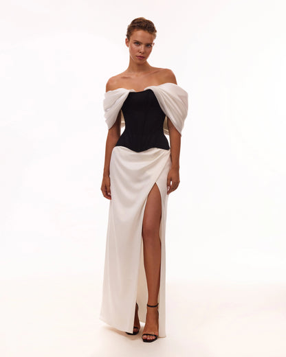 Evening Dress with Off-Shoulder Neckline, Structured Corset Bodice and High Side Slit