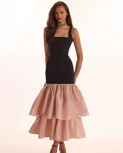 Evening Dress with Square Neckline, Structured Bodice and Tiered Taffeta Skirt