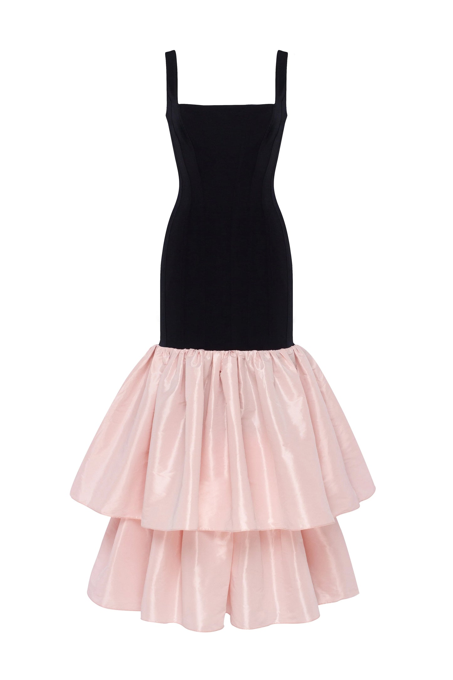 Evening Dress with Square Neckline, Structured Bodice and Tiered Taffeta Skirt