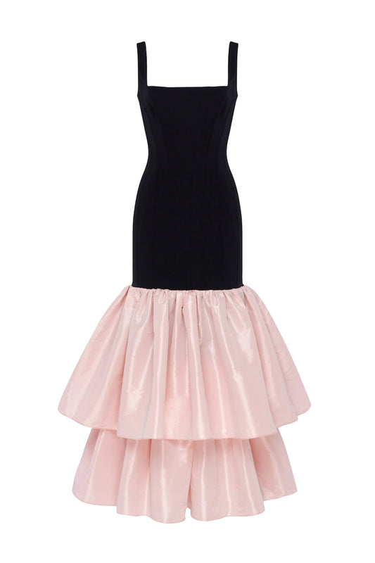 Evening Dress with Square Neckline, Structured Bodice and Tiered Taffeta Skirt