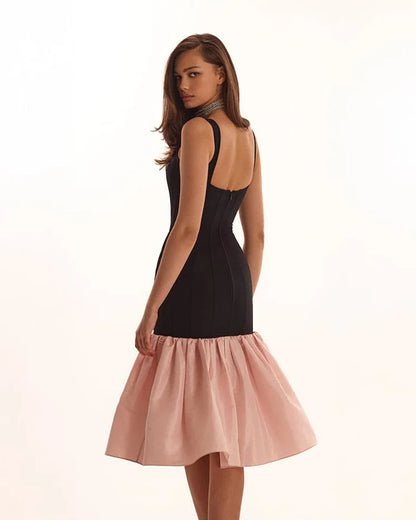 Evening Dress with Square Neckline, Structured Bodice and Tiered Taffeta Skirt