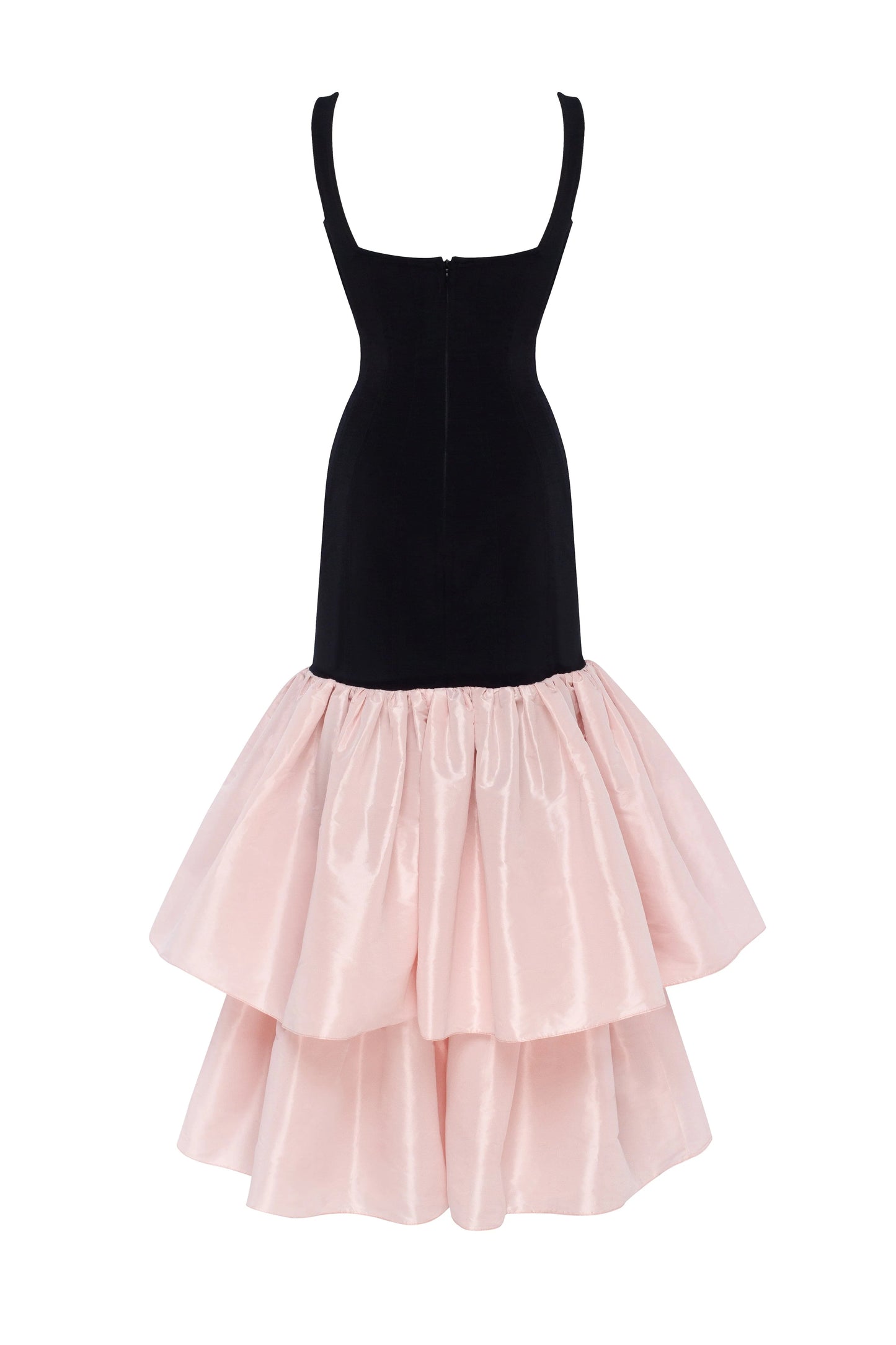 Evening Dress with Square Neckline, Structured Bodice and Tiered Taffeta Skirt