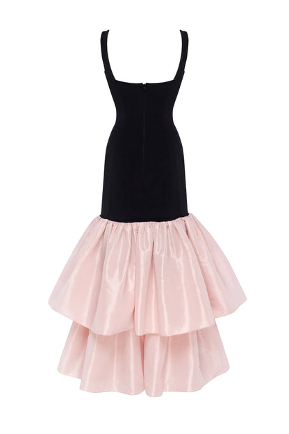 Evening Dress with Square Neckline, Structured Bodice and Tiered Taffeta Skirt