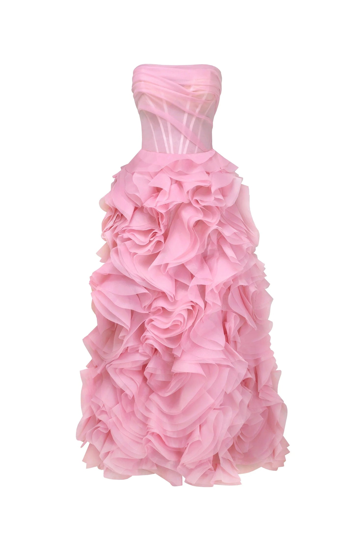 Evening Dress with Strapless Neckline, Sheer Corset Bodice and Dramatic Ruffled Skirt