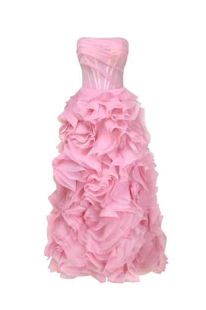 Evening Dress with Strapless Neckline, Sheer Corset Bodice and Dramatic Ruffled Skirt