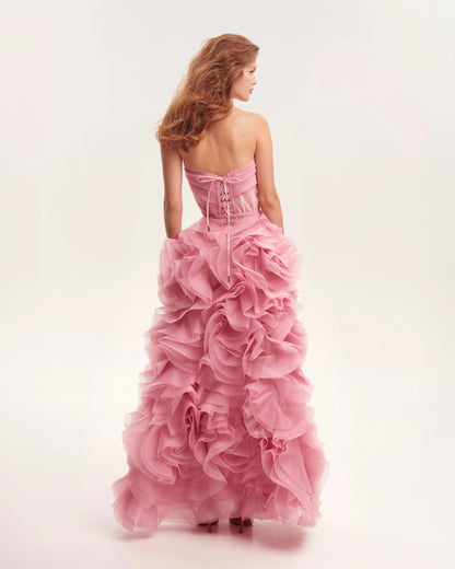 Evening Dress with Strapless Neckline, Sheer Corset Bodice and Dramatic Ruffled Skirt