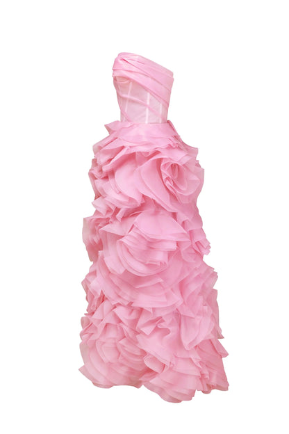 Evening Dress with Strapless Neckline, Sheer Corset Bodice and Dramatic Ruffled Skirt