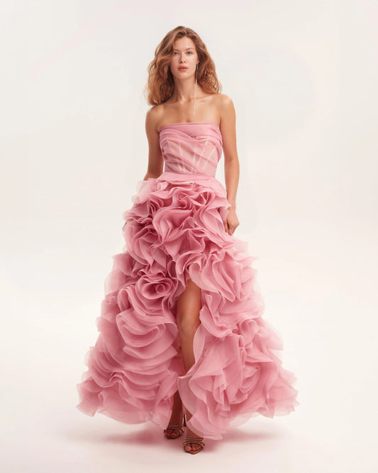 Evening Dress with Strapless Neckline, Sheer Corset Bodice and Dramatic Ruffled Skirt