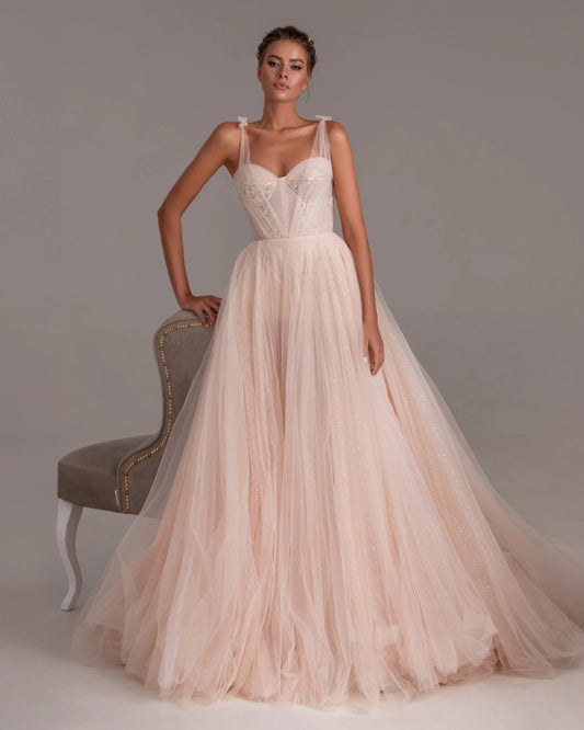Evening Dress with Sweetheart Neckline, Beaded Bodice and Voluminous Glitter Tulle Skirt