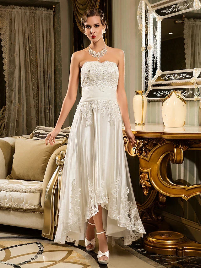 Exquisite Satin Lace A-Line Strapless Sweetheart Sleeveless Button-Back High-Low Prom Dresses
