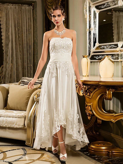 Exquisite Satin Lace A-Line Strapless Sweetheart Sleeveless Button-Back High-Low Prom Dresses