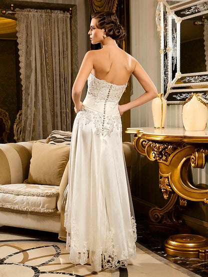 Exquisite Satin Lace A-Line Strapless Sweetheart Sleeveless Button-Back High-Low Prom Dresses