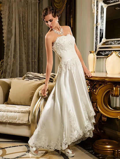 Exquisite Satin Lace A-Line Strapless Sweetheart Sleeveless Button-Back High-Low Prom Dresses