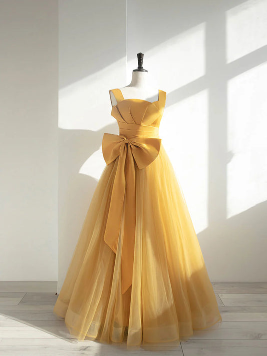 Fairy-Tale A-Line Square Neck Satin Bow Accent Floor Length Tulle Prom Dress