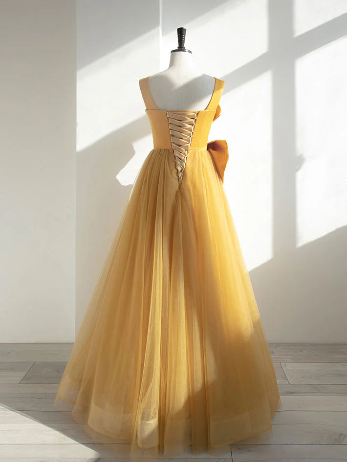 Elegant Satin Tulle A-Line Square Neck Bow Corset Floor Length Prom Dress