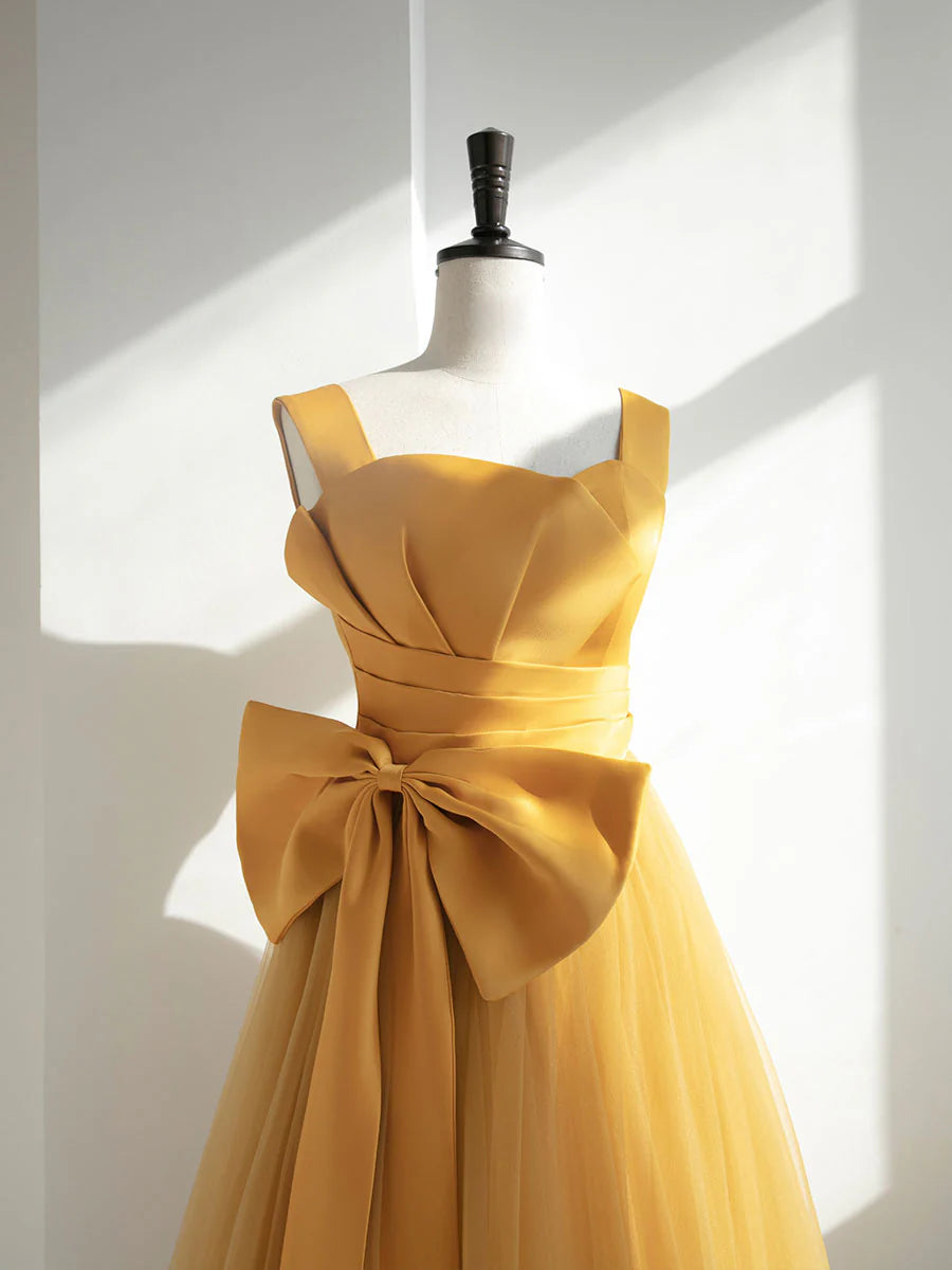 Elegant Satin Tulle A-Line Square Neck Bow Corset Floor Length Prom Dress