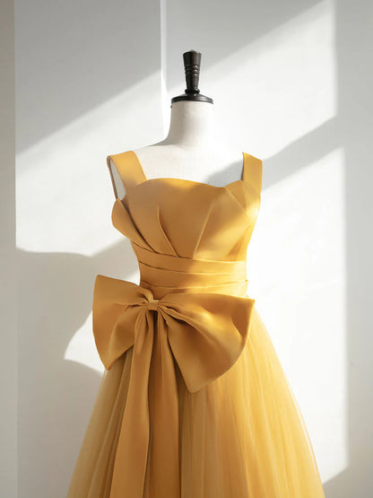 Elegant Satin Tulle A-Line Square Neck Bow Corset Floor Length Prom Dress