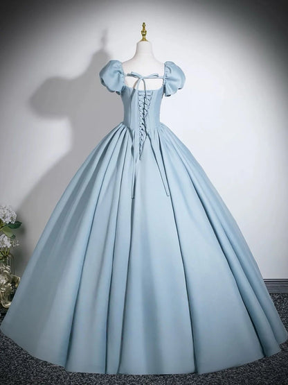 Fairytale Romantic Fitted Ball Gown Square Neck Puff Sleeve Back Lace-Up Floor-Length Prom Dresses