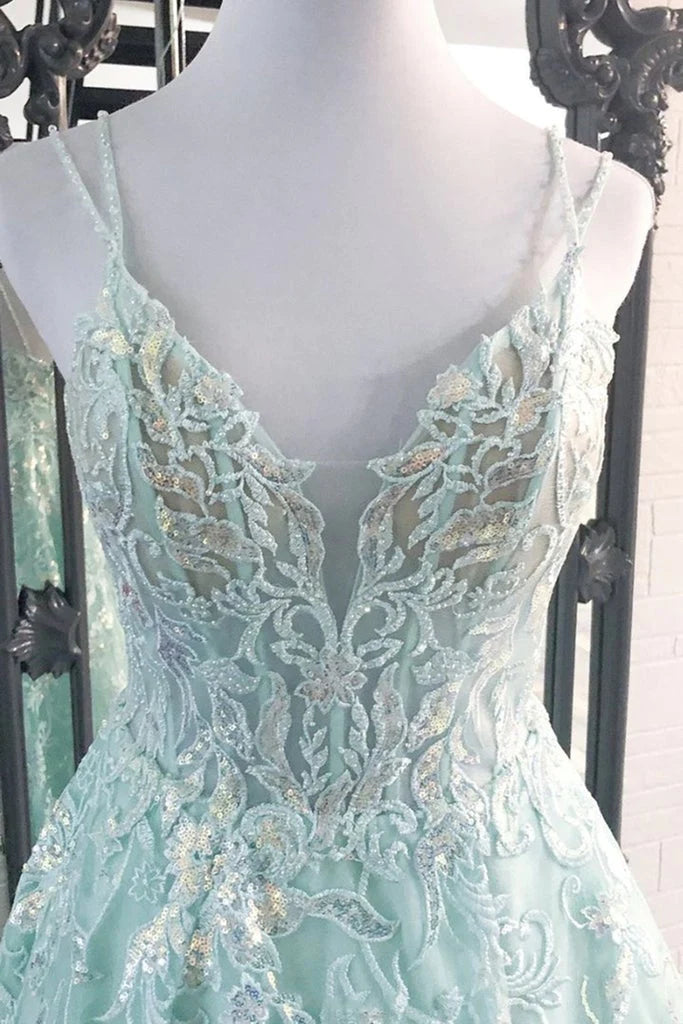 Fantastic Blue Tulle V Neck With Appliques Backless A Line Prom Dresses