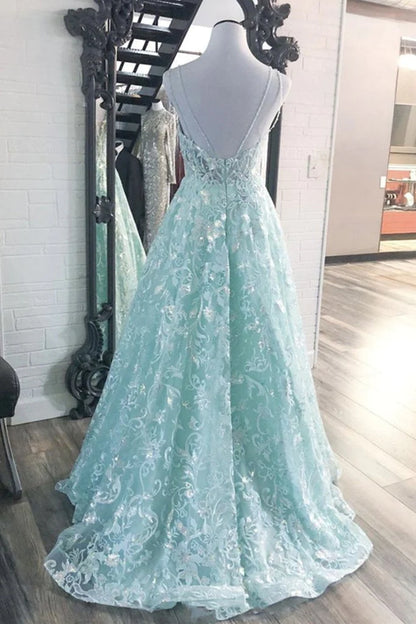 Fantastic Blue Tulle V Neck With Appliques Backless A Line Prom Dresses