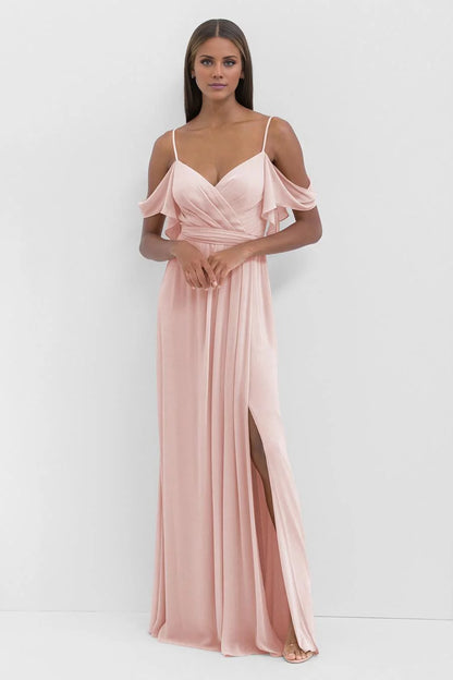 Fashion A-Line Cold-Shoulder Neck Ruffled Sleeve Side-Slit Floor-Length Evening Dress