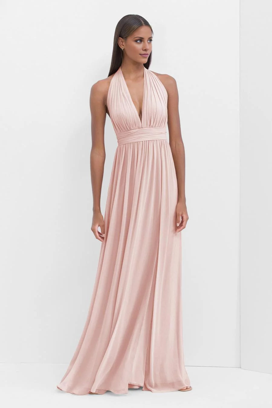 Fashion A-Line Halter Neck Sleeveless Tie-Back Pleated Floor-Length Evening Dress