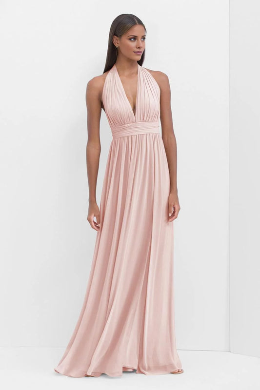 Fashion A-Line Halter Neck Sleeveless Tie-Back Pleated Floor-Length Evening Dress