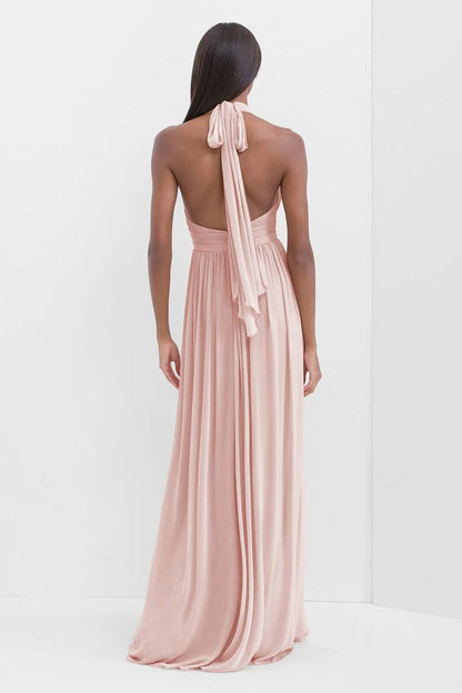 Fashion A-Line Halter Neck Sleeveless Tie-Back Pleated Floor-Length Evening Dress