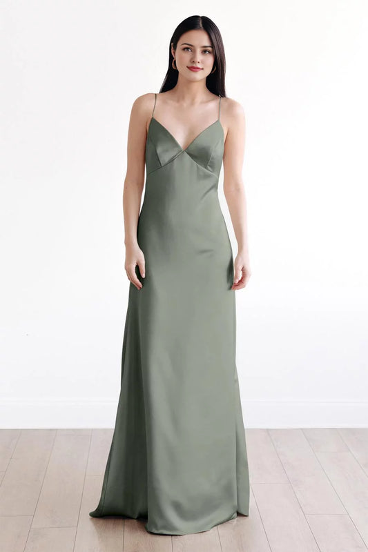 Fashion A-Line V Neck Spaghetti Strap Sleeveless Cowl Back Satin Floor-Length Evening Dress