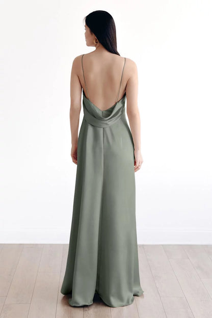 Fashion A-Line V Neck Spaghetti Strap Sleeveless Cowl Back Satin Floor-Length Evening Dress