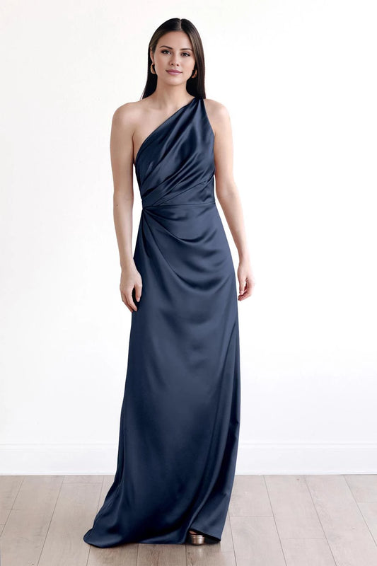Fashion One-Shoulder Neck Sleeveless Ruched Open Back Satin Floor-Length Evening Dress