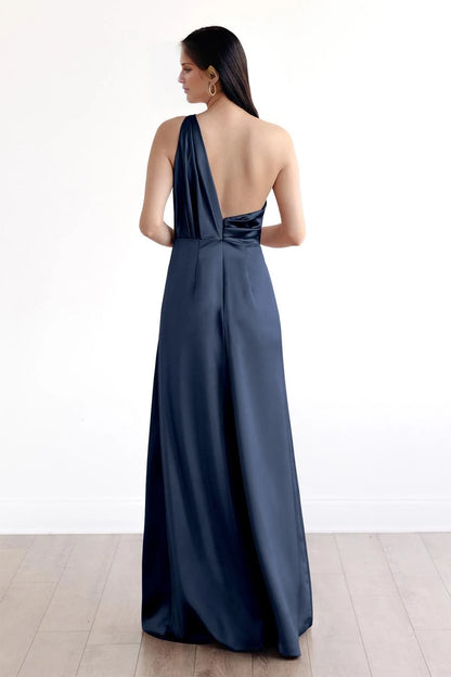 Fashion One-Shoulder Neck Sleeveless Ruched Open Back Satin Floor-Length Evening Dress