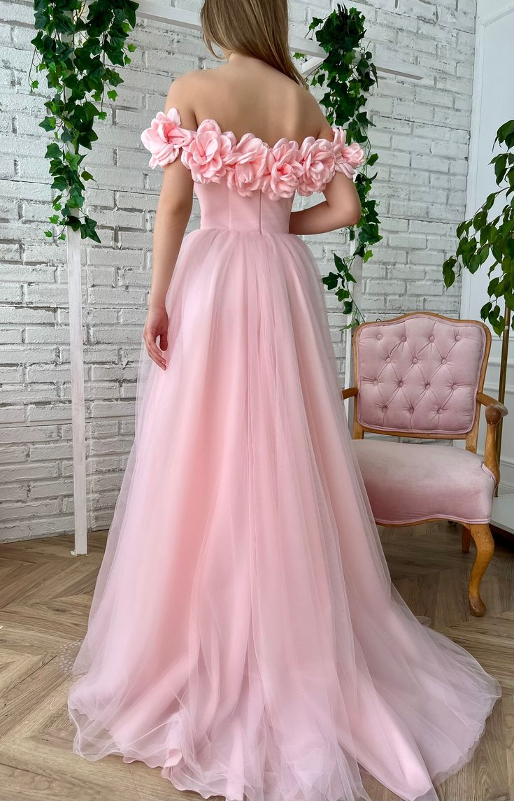 Floral A-Line Off-Shoulder Floor-Length Slit Tulle Prom Dress