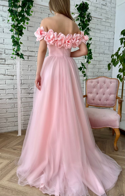 Floral A-Line Off-Shoulder Floor-Length Slit Tulle Prom Dress