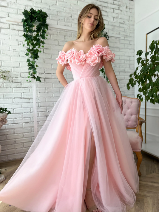 Floral A-Line Off-Shoulder Floor-Length Slit Tulle Prom Dress
