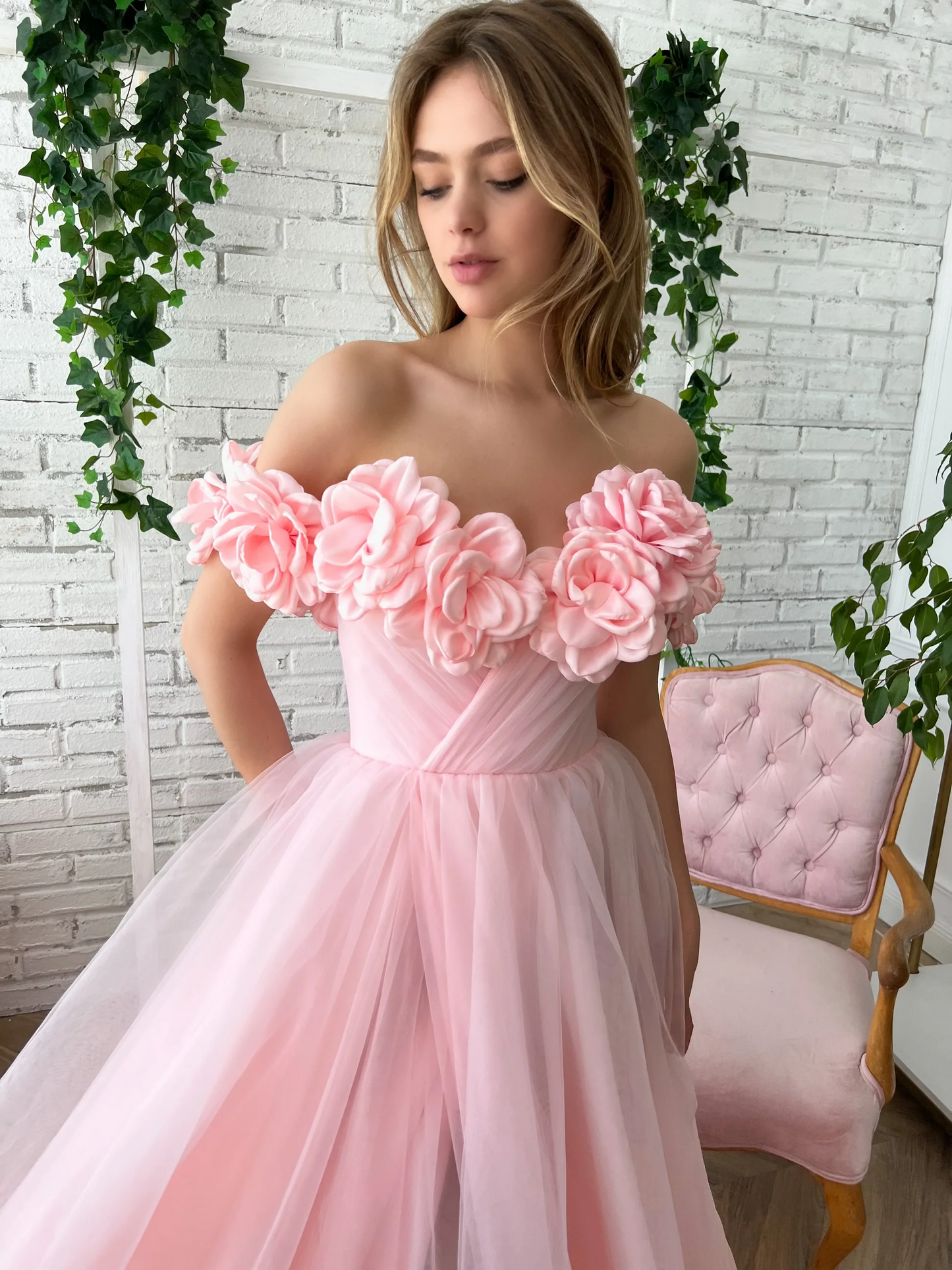 Floral A-Line Off-Shoulder Floor-Length Slit Tulle Prom Dress