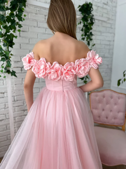Floral A-Line Off-Shoulder Floor-Length Slit Tulle Prom Dress