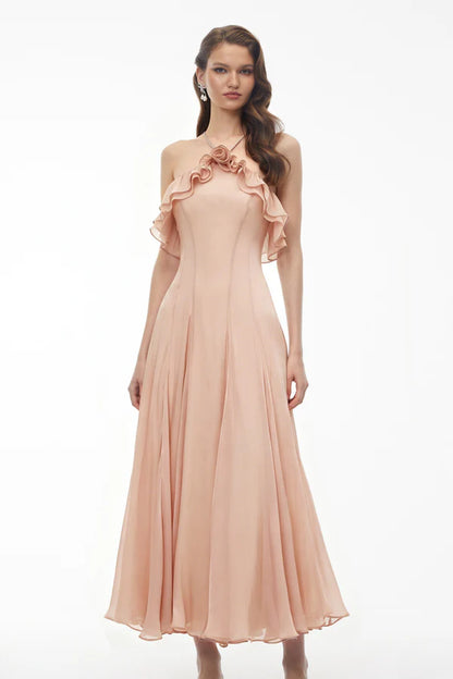 Floral Applique A-Line Halter Neck Cold Shoulder Ankle Length Evening Dress with Ruffle Trim