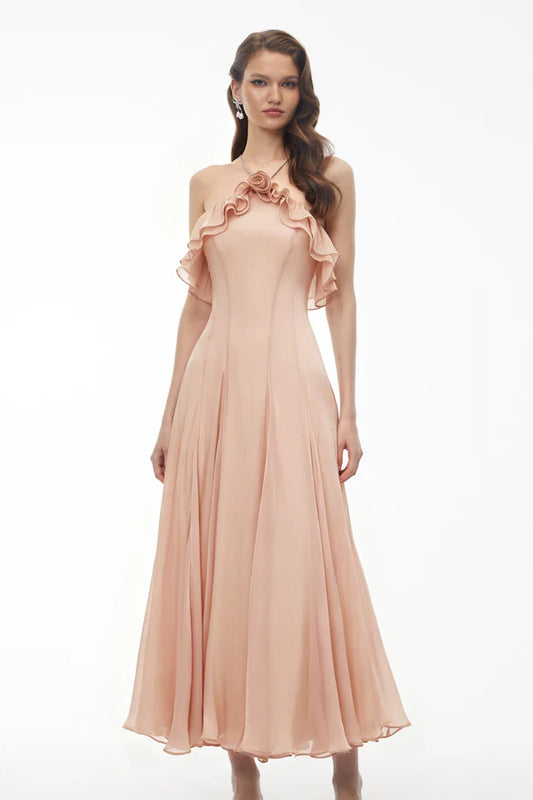 Floral Applique A-Line Halter Neck Cold Shoulder Ankle Length Evening Dress with Ruffle Trim