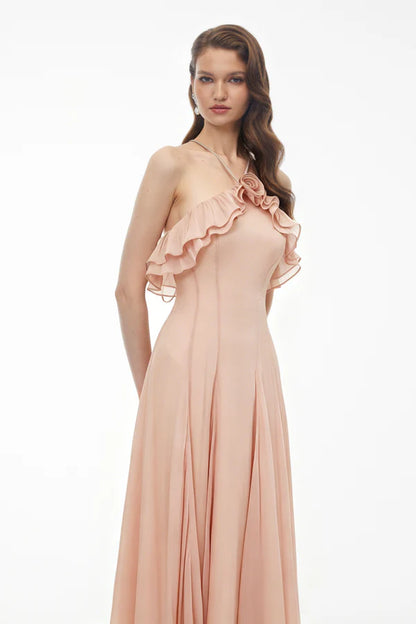 Floral Applique A-Line Halter Neck Cold Shoulder Ankle Length Evening Dress with Ruffle Trim
