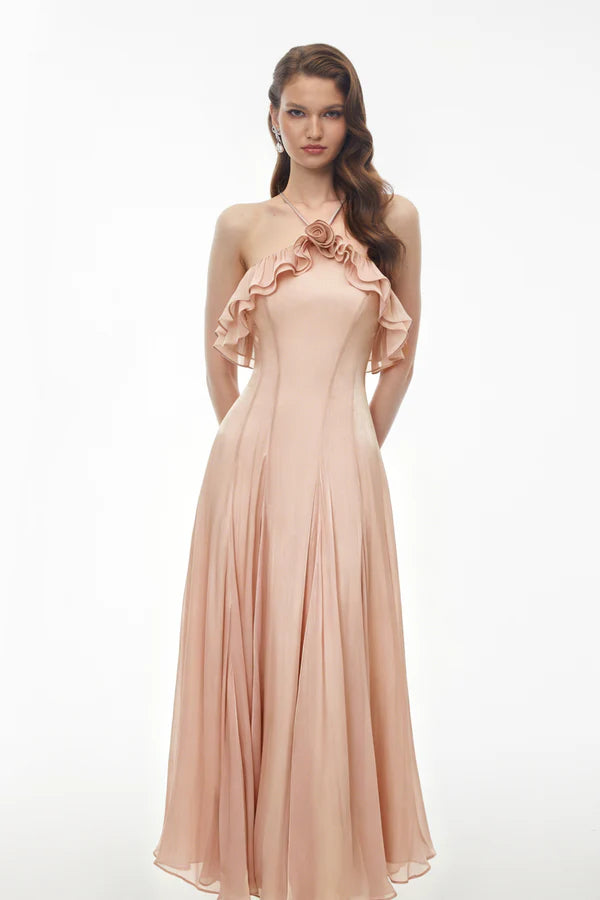 Floral Applique A-Line Halter Neck Cold Shoulder Ankle Length Evening Dress with Ruffle Trim