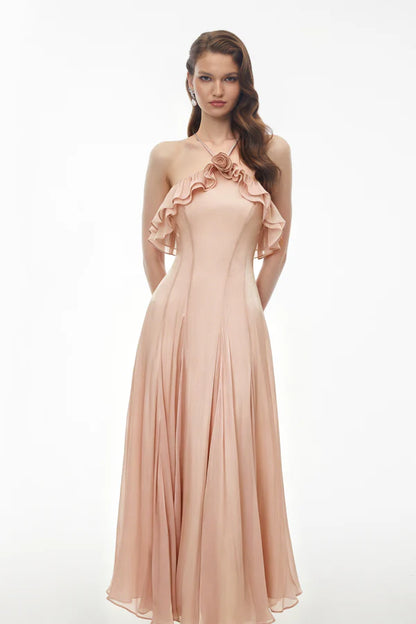 Floral Applique A-Line Halter Neck Cold Shoulder Ankle Length Evening Dress with Ruffle Trim