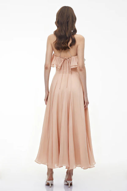 Floral Applique A-Line Halter Neck Cold Shoulder Ankle Length Evening Dress with Ruffle Trim