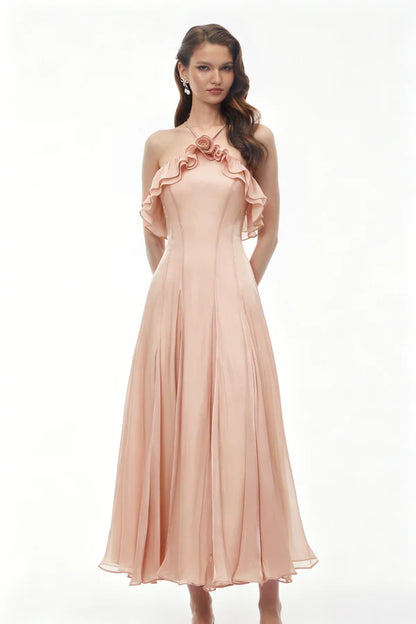 Floral Applique A-Line Halter Neck Cold Shoulder Ankle Length Evening Dress with Ruffle Trim